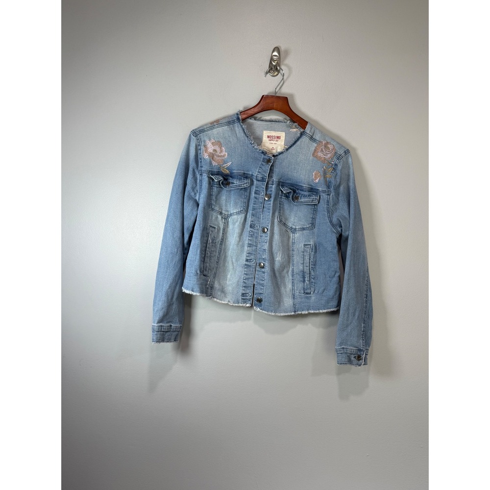 Mossimo Supply Co Womens XXL Blue‎ Denim Floral Embroidered Raw Hem Jacket